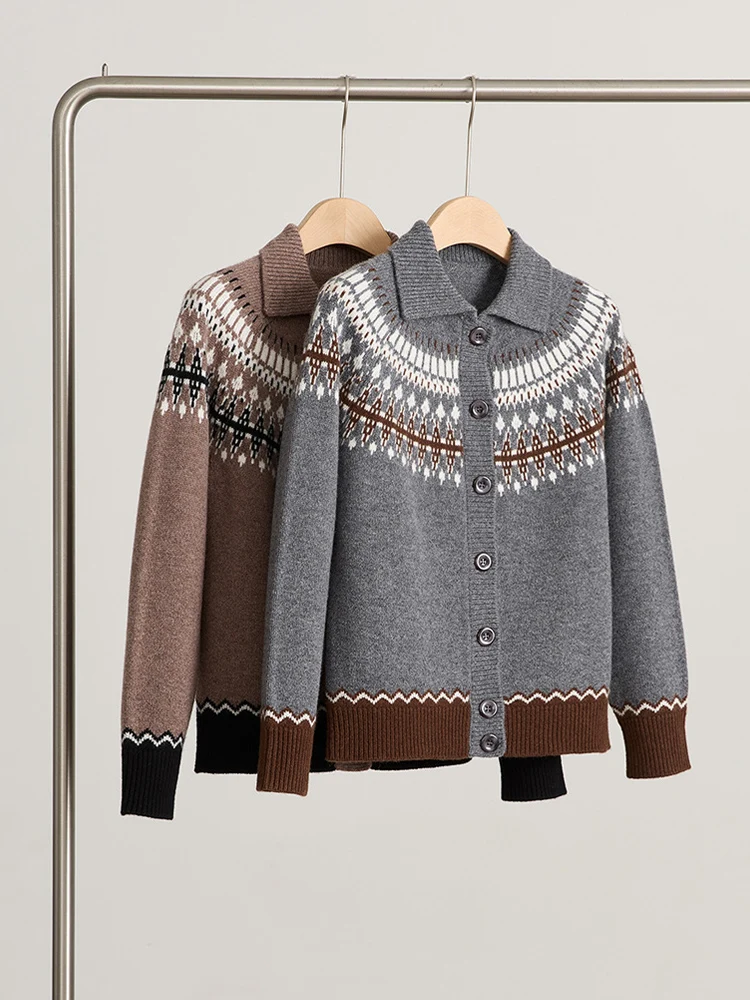 SuyaDream, Women Jacquard Cardigans, 100%Sheep Wool, Turn Down Collar, Christmas Sweaters, 2025 Fall Winter Knitted Jackets