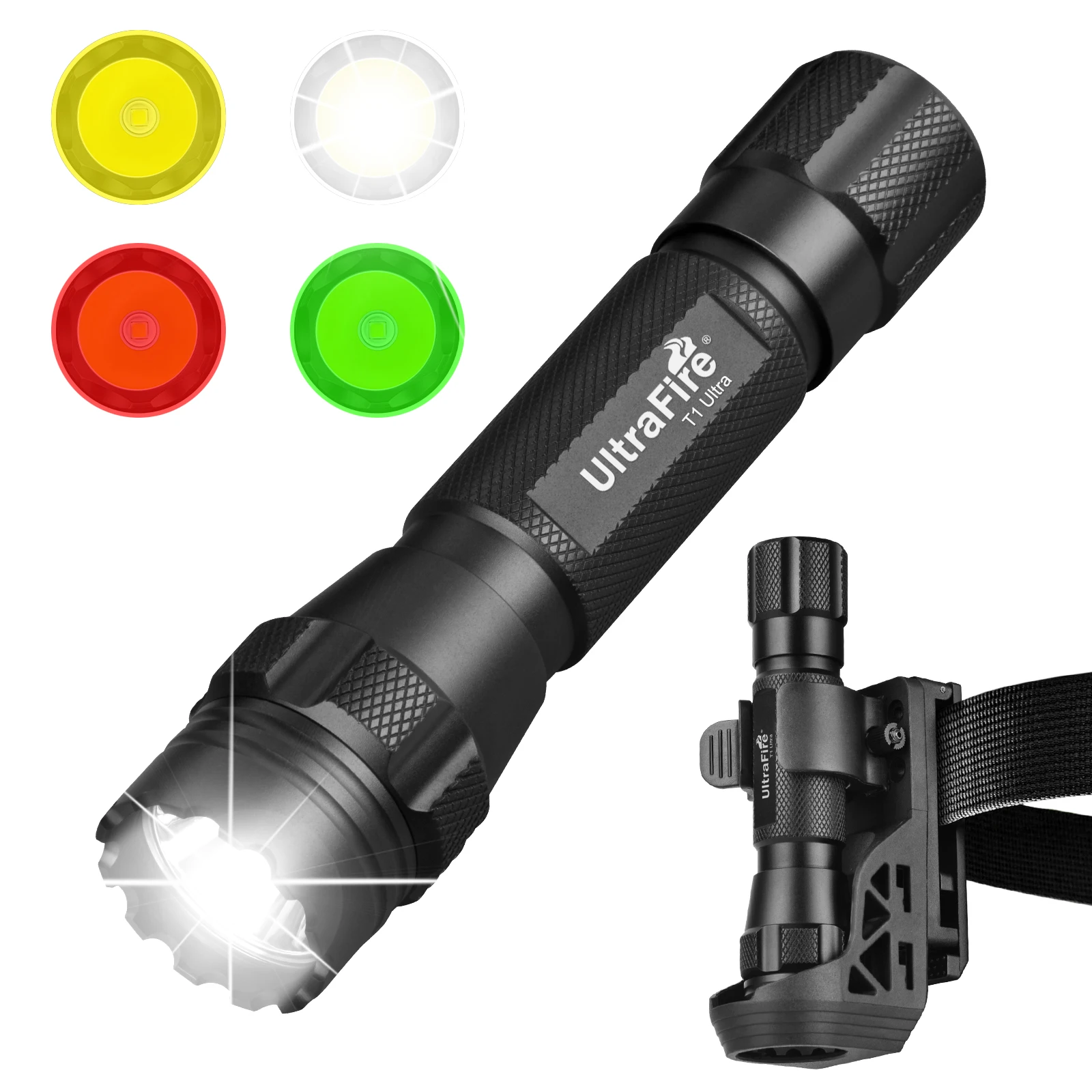 

UltraFire T1 Ultra Tactical Flashlight with Holster 1200Lumen Rechargeable Police Lamp Replaceable Lamp Cup Red Green Warm Light