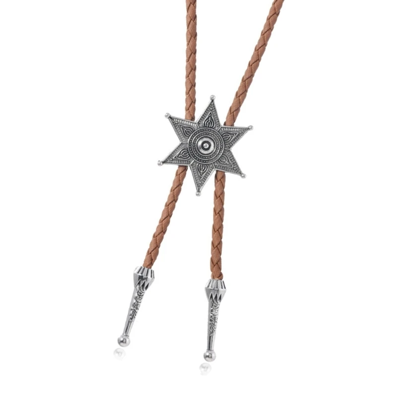 Woven Leather Cord Necktie Necklace Cowboy Bolo Ties with Metal Hexagram Star