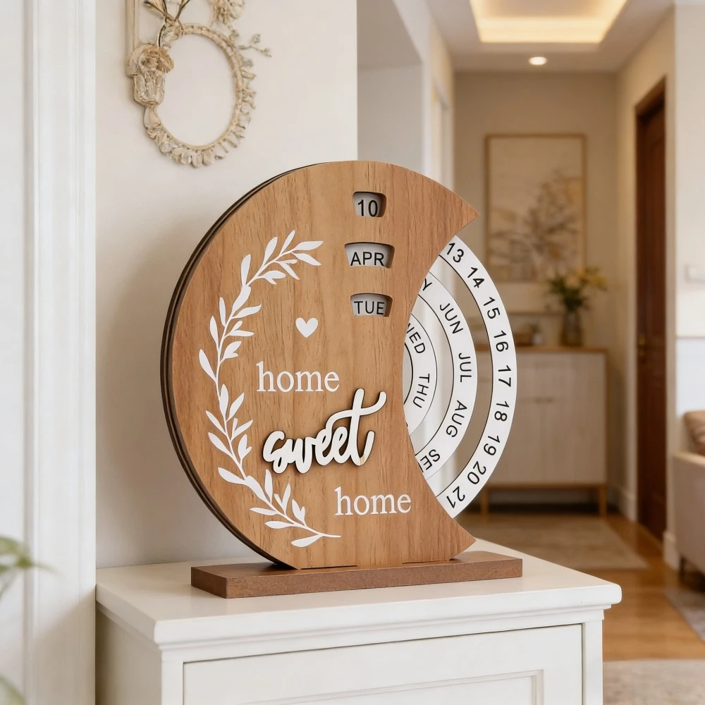 

Wooden Creative Calendar Easy Assembly Manual Rotating Perpetual Calendar Fireplace Indoor Sweet Home Decor Housewarming Gift