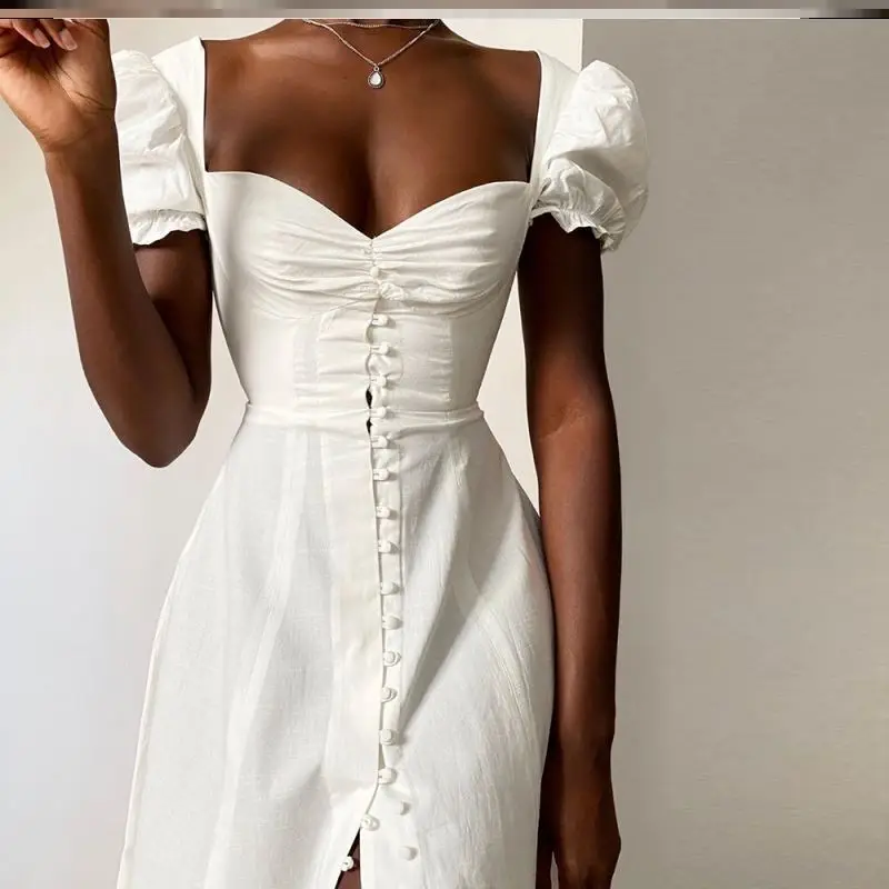 Ele White Dr with Square Collar Bubble Princ Sves High Waist A-Line Skirt Long Sve ort Dr Street Sle