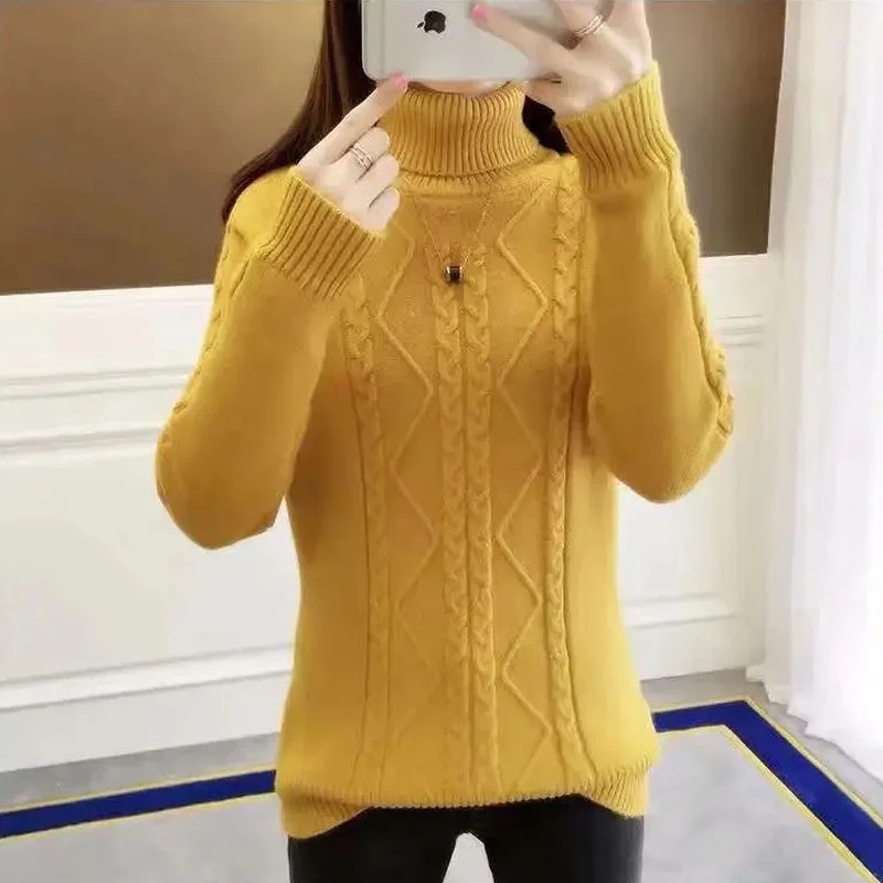 Fdfklak-سترة نسائية محبوكة بياقة دائرية وأكمام طويلة ، بلوفر أحادي اللون قاع ، سترة غير رسمية من الصوف المبطن ، خريف