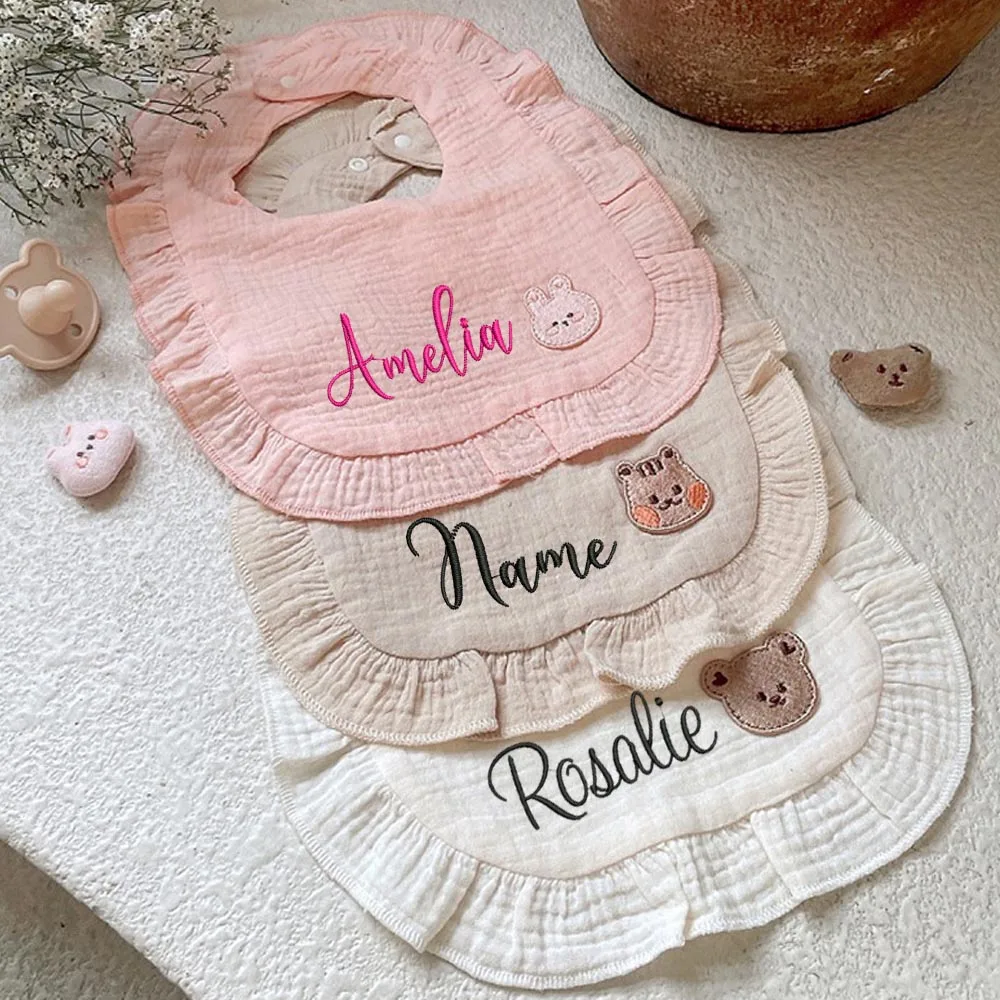 Customized Ins, Korean Dots, Baby And toddler Summer Pure Cotton Tulle Bibs, Saliva Wipes, Embroidered Baby U-shaped spit Bibs