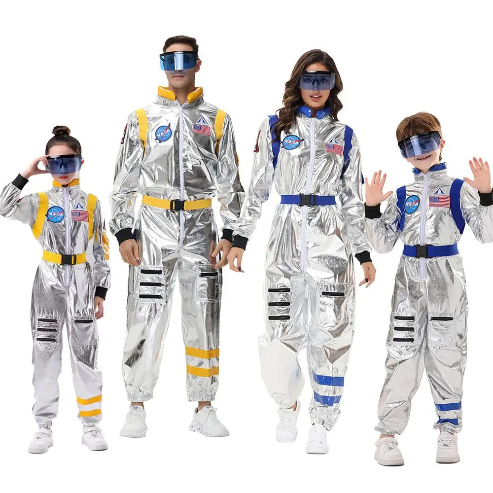 

Astronaut Costume Jumpsuit Silver Spaceman Cosplay Set Space Station Adult Kid Bodysuit Goggles Belt Halloween Family Party Suit