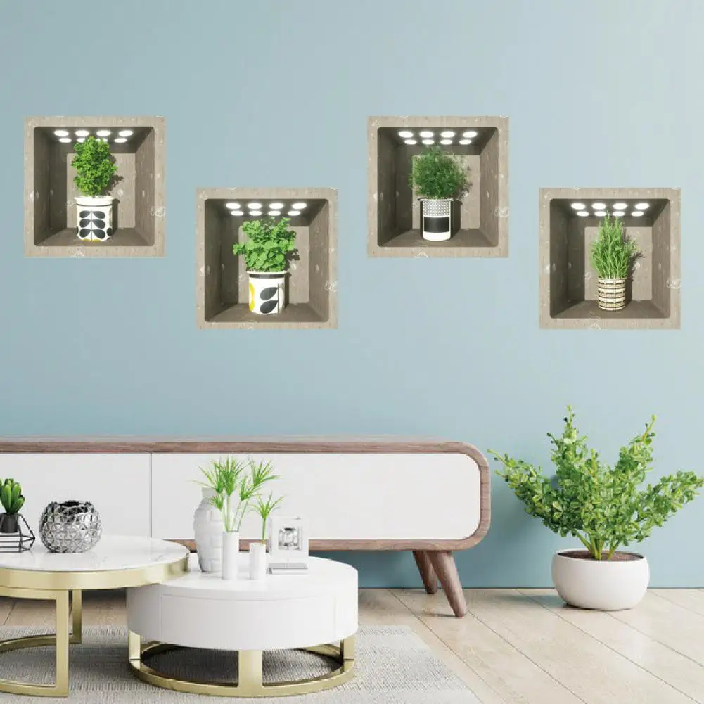 4Pcs/Set Potted Plants Wall Sticker 3D Effect Self-adhesive Waterproof PVC Removable Living Room Bedroom Modern Wall Art Green P