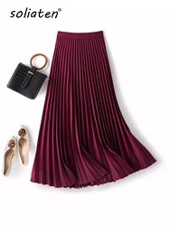 Brand Designer Women Spring Autumn Solid Elegant Chic Pleated Skirt High Waist Luxury With High Elastic Female C-035