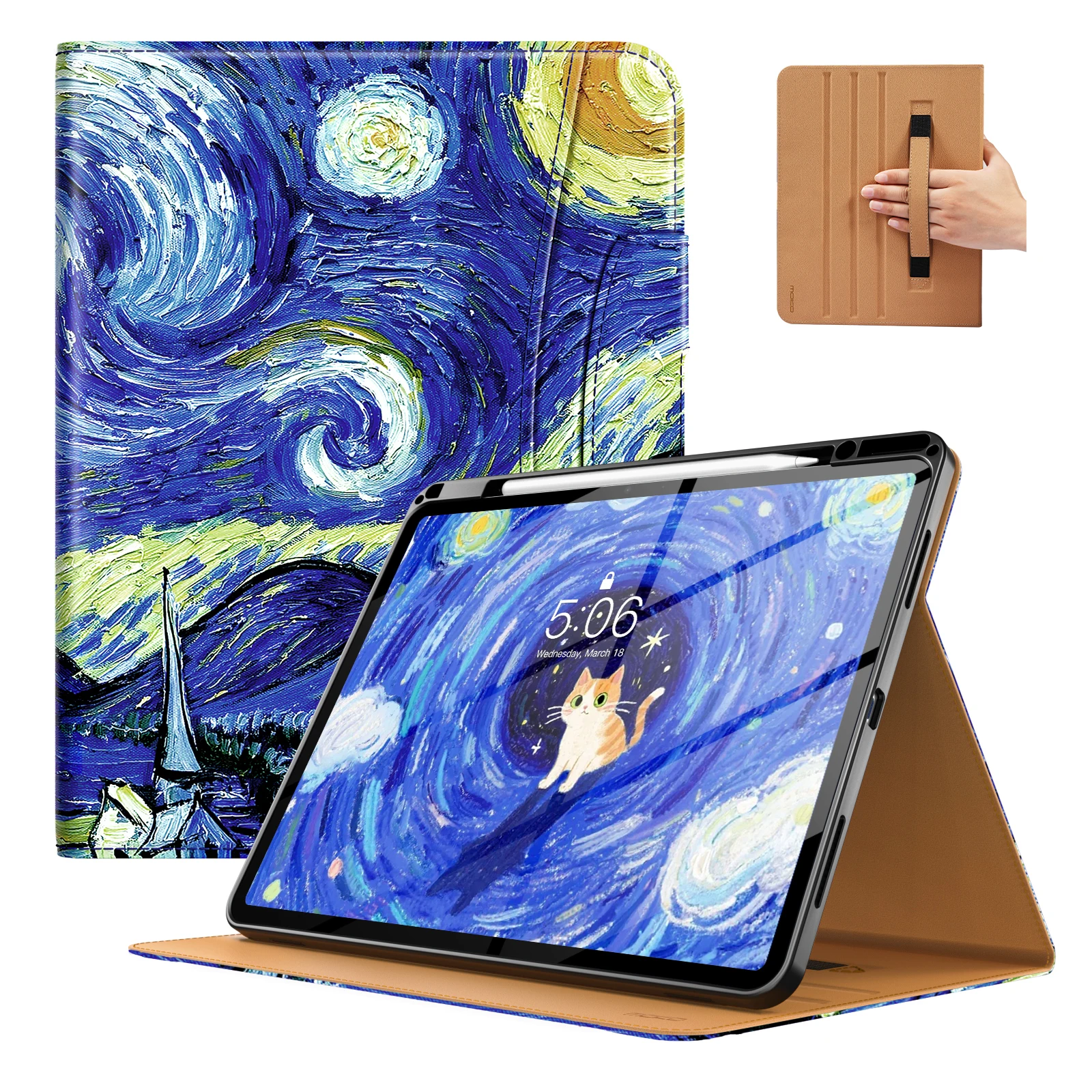 Case for iPad Air 13-inch (M4) 2026 / (M3) 2025 / (M2) 2024 with Pencil Holder & Hand Strap & Pocket, Leather Folio Stand Cover