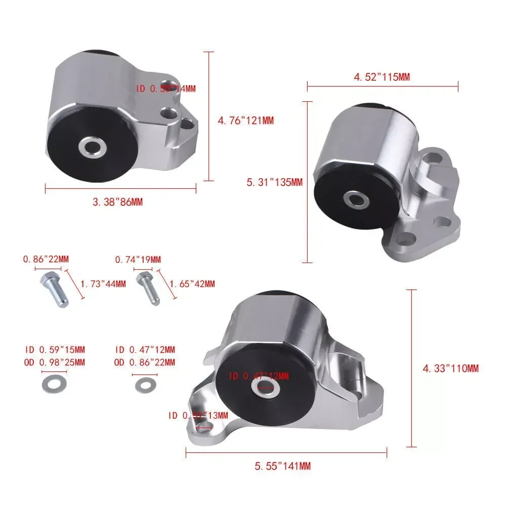 3-Bolt Engine Mount for EG6 Civic 1992-1995 & DC2 Integra 1990-2001 - Silver/Black - Reduces Drivetrain Shudder & Wheel Hop