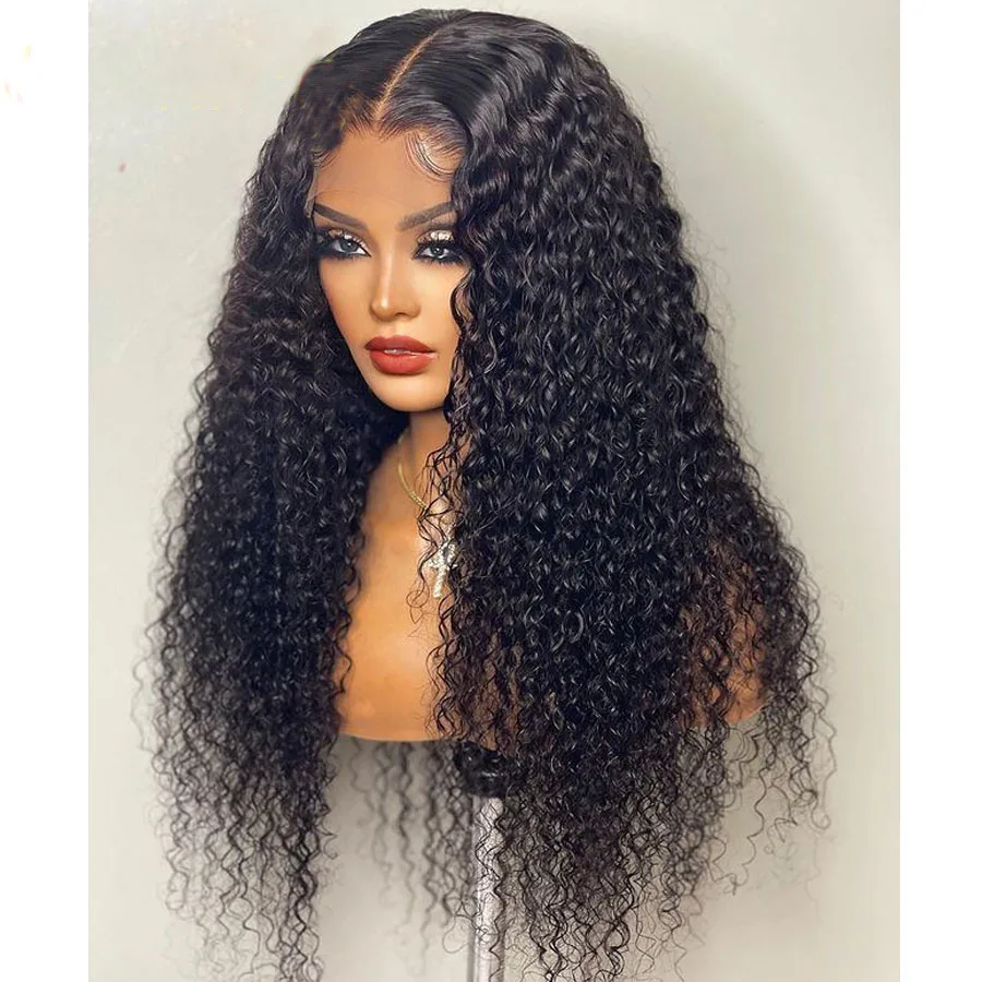 Soft Natural Black Long Glueless Kinky Curly 180Density 26Inch Deep Lace Front Wig For Women With Baby Hair Preplucked Daily