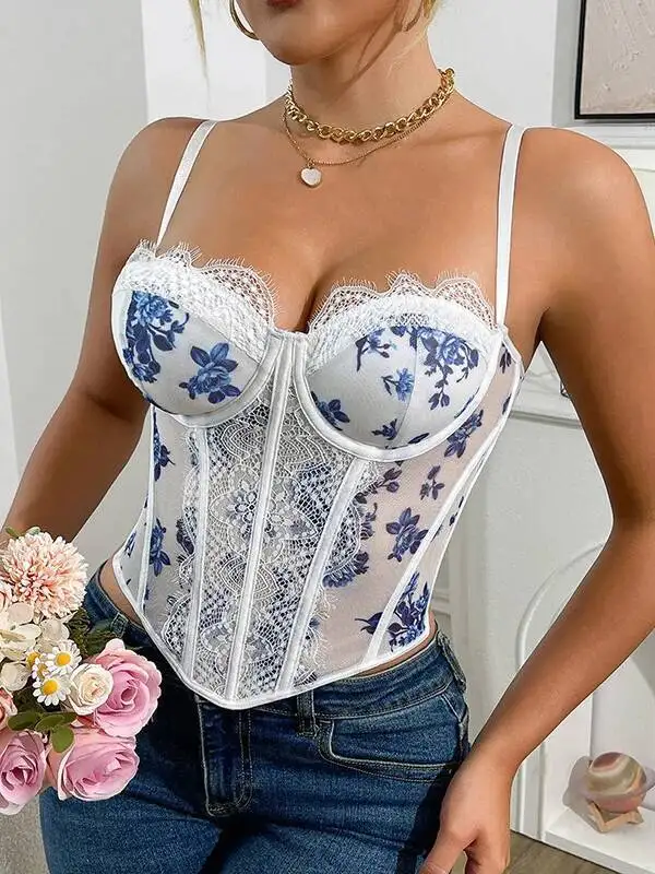 Sexy Fishbone Bra French Style Hot Girl High-end Feel Outerwear Camisole Button Wrap Bra Lace Trim Flower Print Vest Casaul F3TG