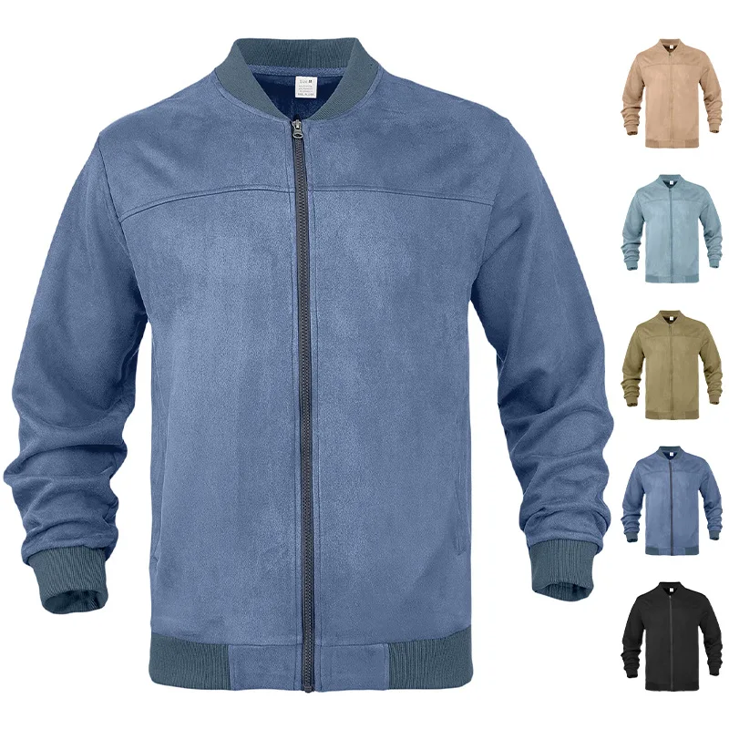 Men's Suede Solid Color Casual Sports Stand-up Collar Zipper Jacket Large Size Medium Elastic Long-sleeved Jacket Cardigan