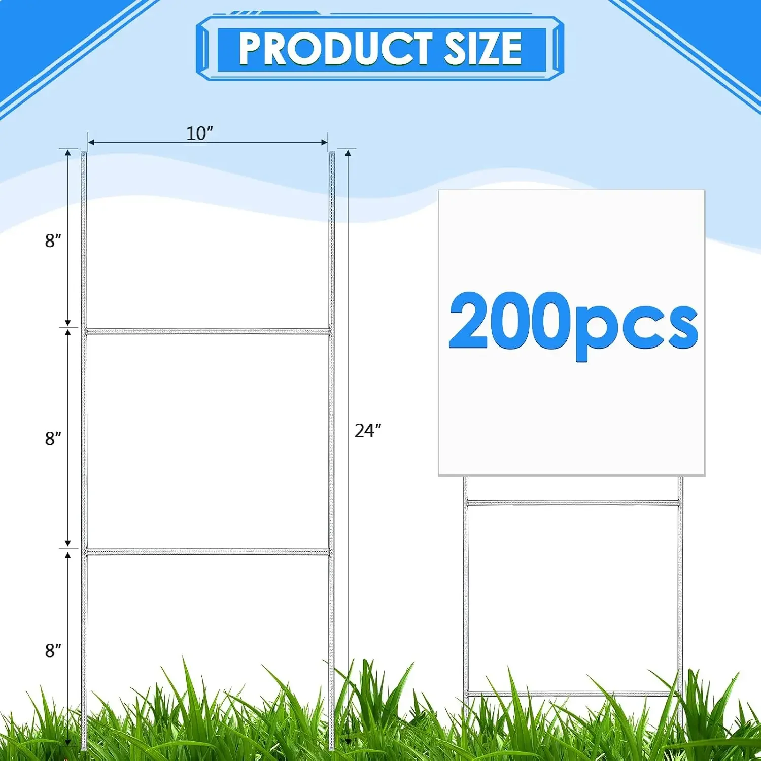 200 Pcs H Stake for Yard Sign 24'' x 10'' Metal Heavy Duty H Frame Lawn Wire Stake Metal Sign Holder Bulk for 250 Anniversary US