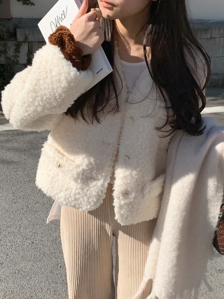 

ort Warm Lamb Fur Coat Women's Korean Sle Single Button Autumn Winter New Design Particle Lamb Fur Soft Small Size Coat
