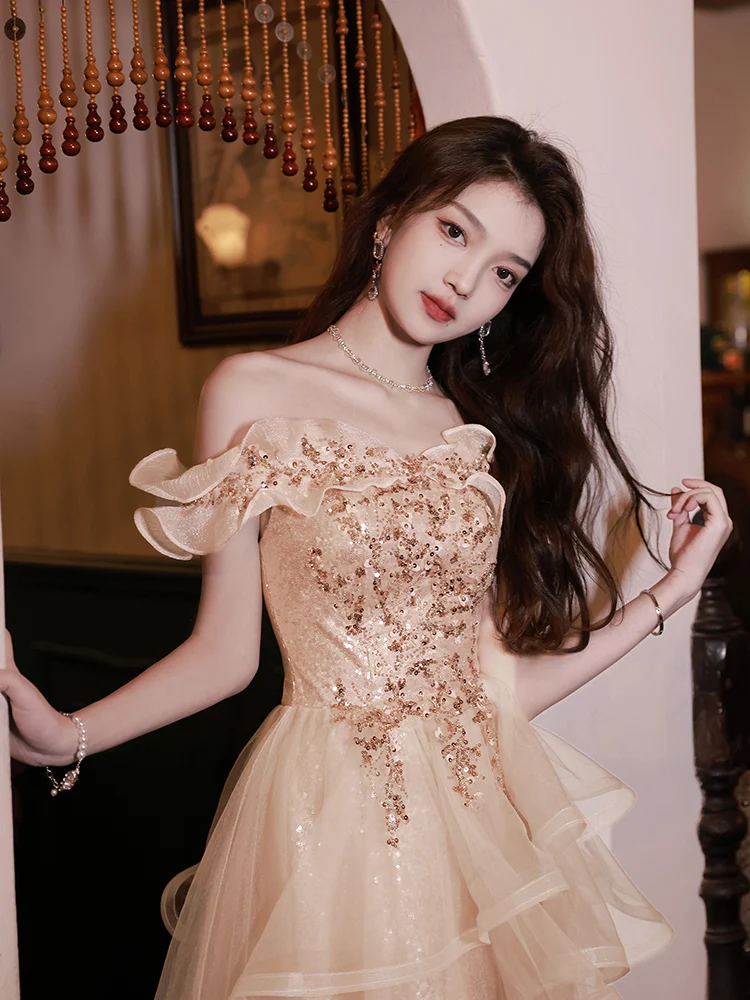 

Вечернее платье на одно плечо с пайетками, класса люкс, с тяжелой вышивкой, на заказ, для дня рождения, ужина, вечеринки, в корейском стиле, со средней талией