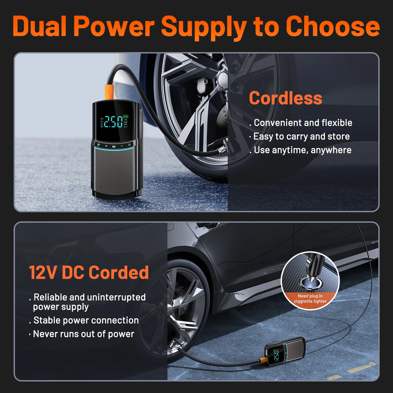 BUVAYE Wired&Wireless Dual Use Air Compressor Portable Tire Inflator With Power Bank 150PSI Electric Air Pump For Car Motorcycle