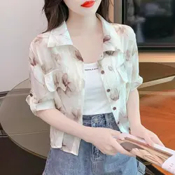 Summer Woman Blouse Top Chinese Style Loose Casual Thin Wash Printing Elegant Trend Wild Popularity Sunscreen Fashionable Lively