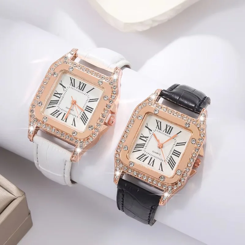 Mulheres relógio de diamante estrelado quadrado dial pulseira relógios conjunto senhoras pulseira de couro quartzo relógio de pulso feminino zegarek damski