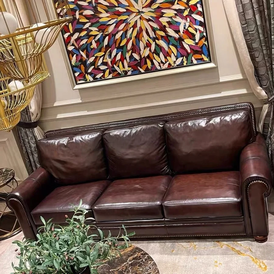 #Traditional Leather Sofa Dark Brown Oil Wax Leather Rolled Arms Nailhead Trim Plush Cushions Classic Living Room Furniture