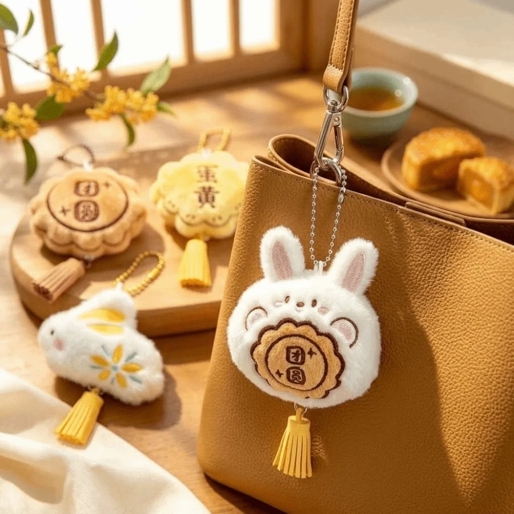 Cartoon Mooncake Plush Keychain Soft Miniature Bunny Plush Pendant Adorable with Tassels Bag Ornament Festive Decoration