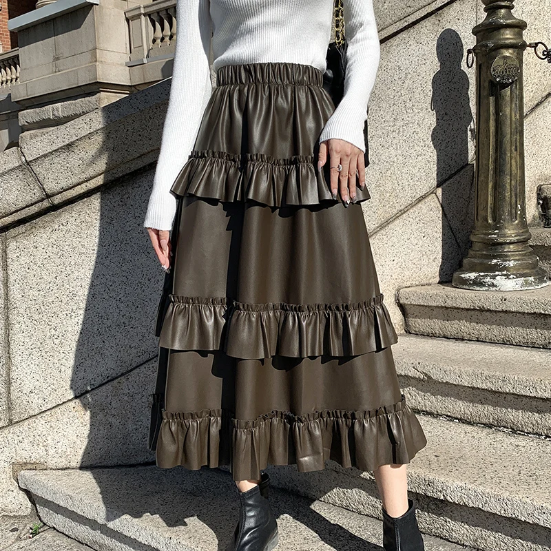 

Fall Winter PU Leather Skirts Ruffles Elastic Waist A-Line Midi Skirts Faux Leather Skirts Fashion Casual Elegant PU Skirts 2024