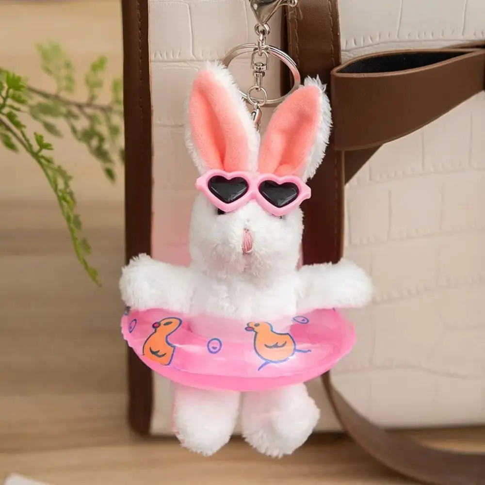 Love Sunglasses Cartoon Rabbit Key Chain Cartoon Swimming Ring Plush Bunny Pendant Toys Plush Stuffed Doll Keychain