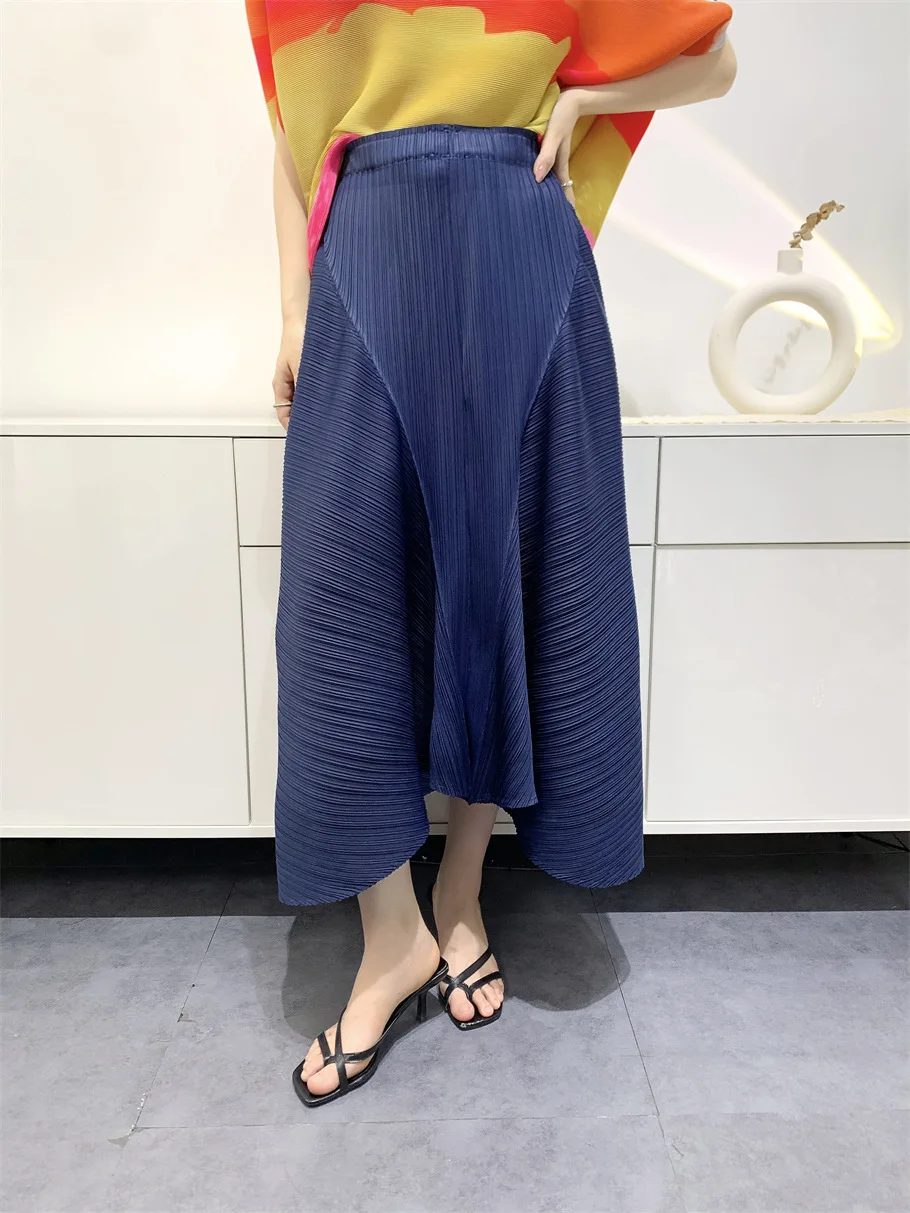 Miyake Pleated Summer Women\'s Halfskirt 2023 Loose Plus Size Irregular High Waist Casual Mid Length Large Hem Skirt