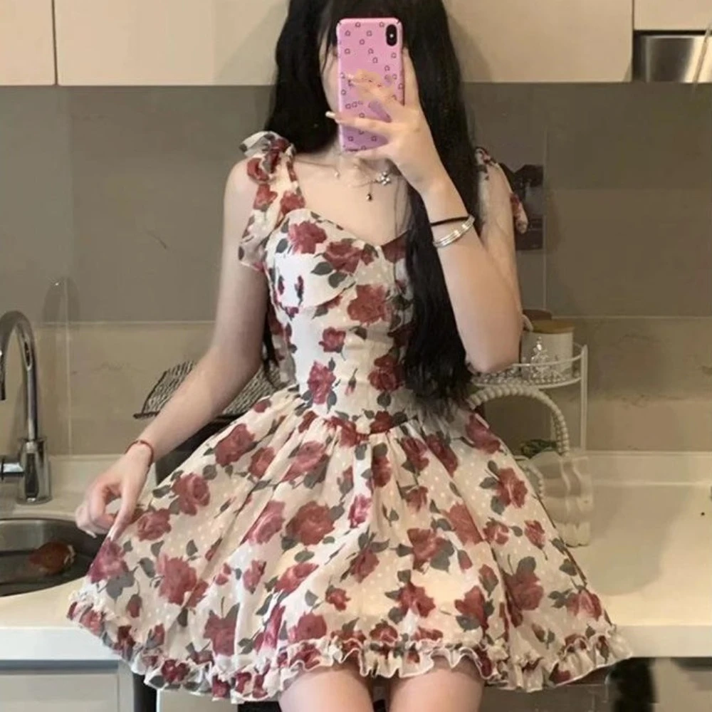 

Elegant Rose Floral Dress Women Ruffle Skirt Mini Sleeveless Dress A-line Sweet Sling Strap Sundress Lolita