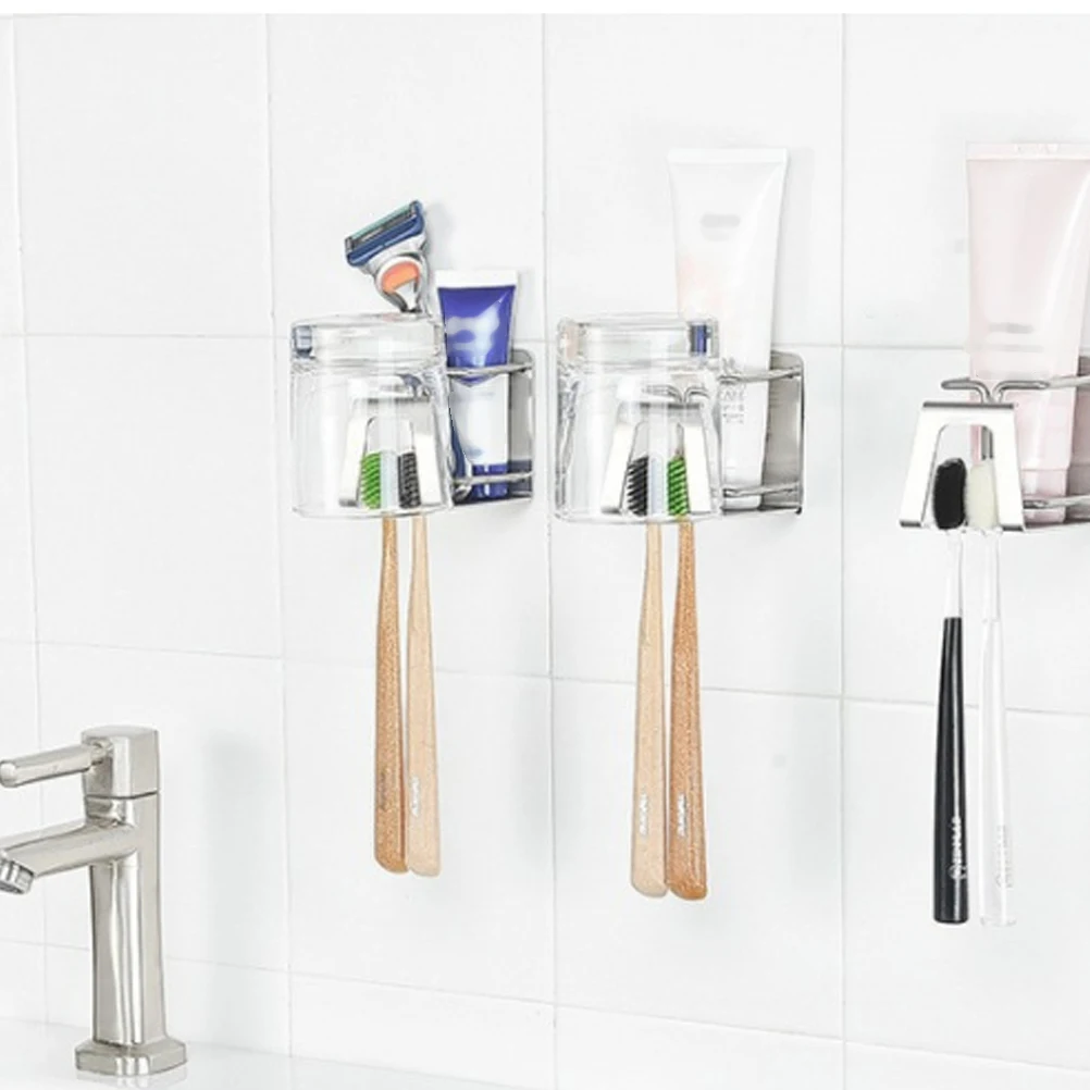 

Wall Mounted Toothbrush Holder Stainless Steel Toothpaste Rack Cup Mouthwash 2 Adhesives Nail Hotel Bathroom Kitchen