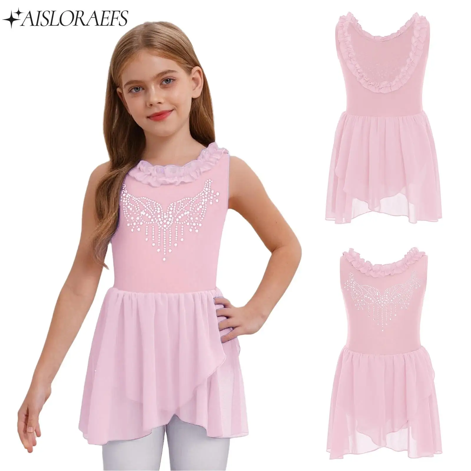 

New Girls Sleeveless Ballet Figure Skating Dance Dress Rhinestones Gymnastics Performance Clothes Ballerina Costume Dancewear