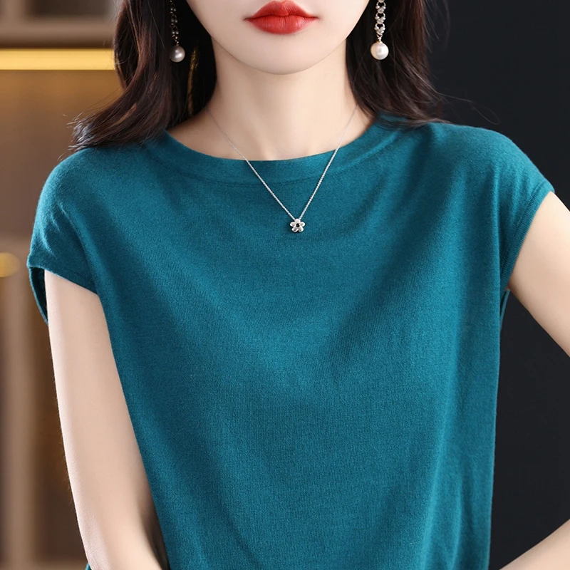 2024 Spring/summer new 100%Merino wool women\'s O-collar pullover short-sleeve knitwear Fashion solid color knitted T-shirt women