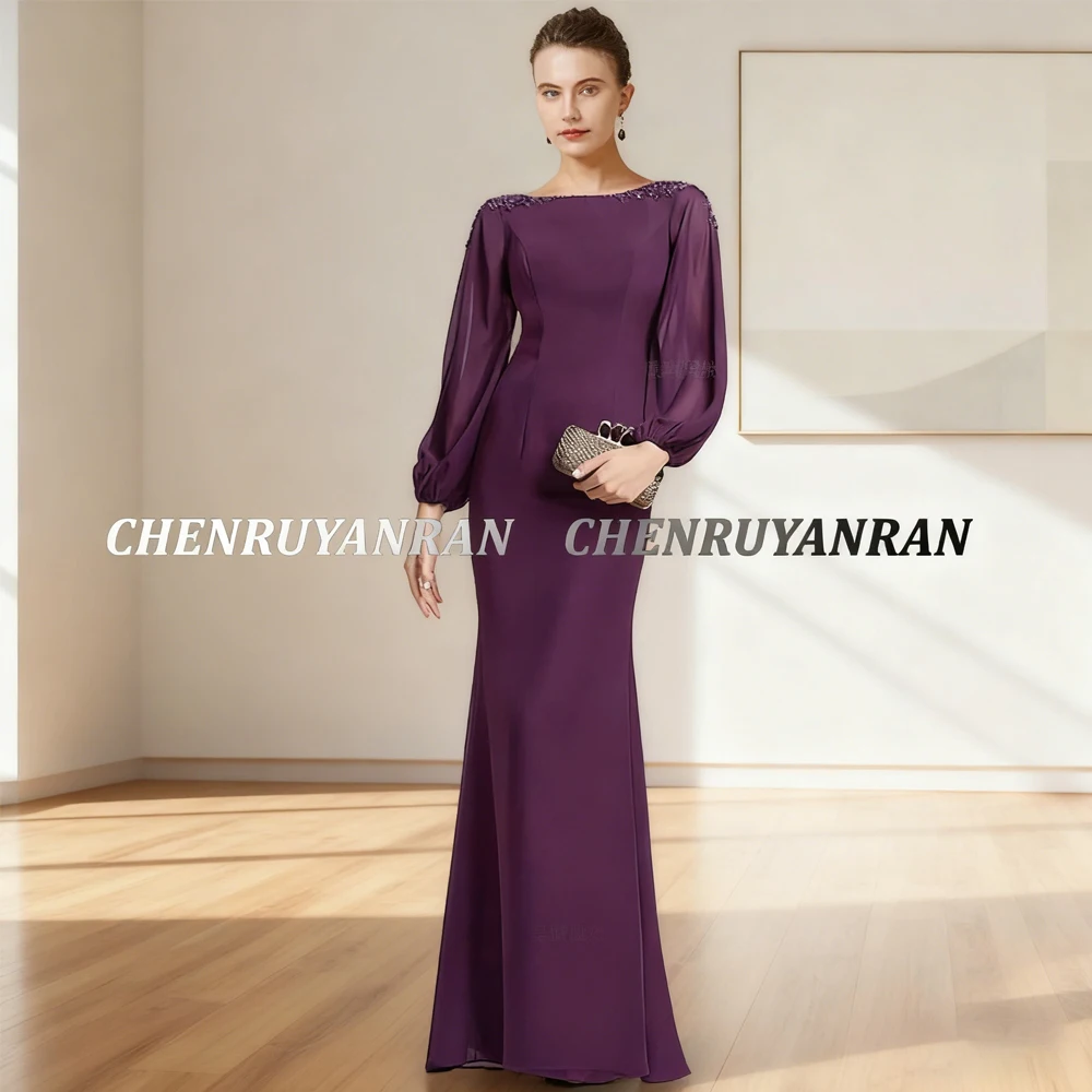 Lila Kleider für die Brautmutter 2025, Perlen-Chiffon, lange Hochzeitsgast-Kleider, Meerjungfrau, elegantes Kleid für Damen für die Hochzeitsfeier