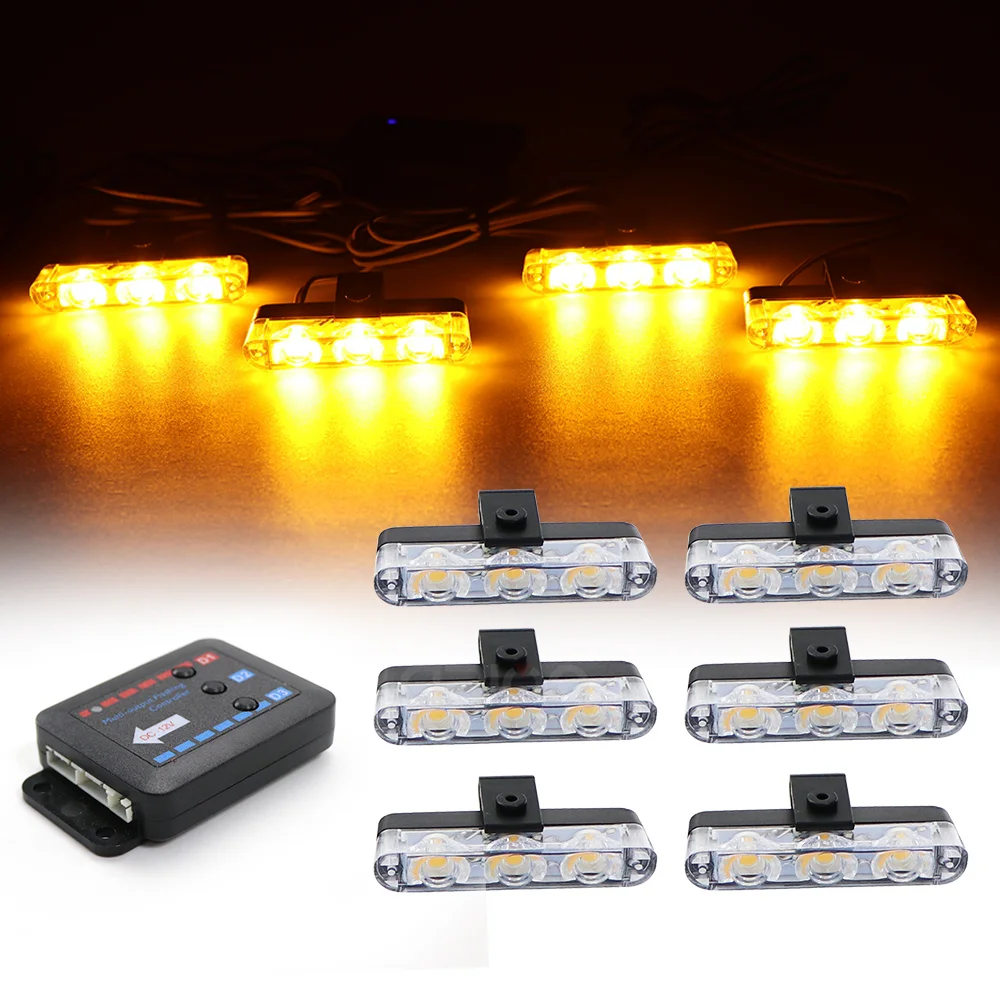 3 LED Car Front Grille Strobe Police Lights Flash Warning Lamp Red Blue Yellow Rescue Vehicle Emergency Flasher Signal Lighting