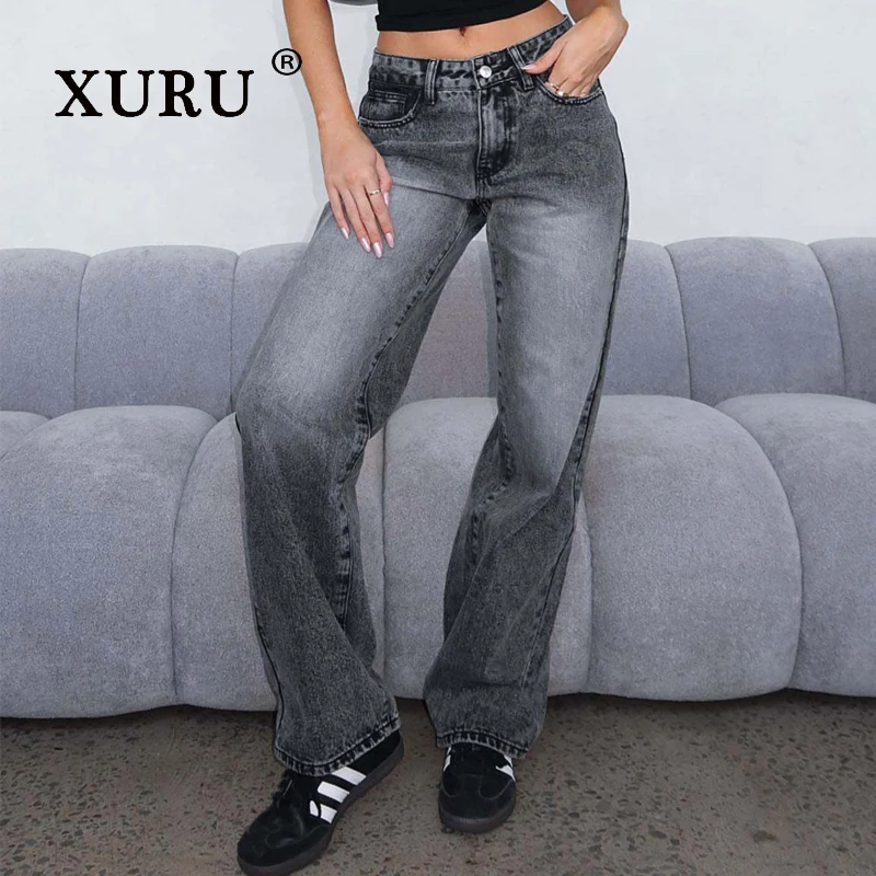

XURU - New Women's Spicy Girl Versatile Simple Jeans, Fashionable Hot Pants Mid Waist Non Elastic Straight Tube Long Jeans Pants