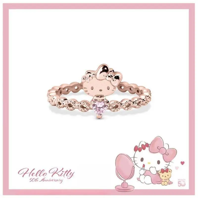 New Hello Kitty Series Animation Peripheral Cartoon Kawaii Design Zircon Ring Cute Creative Trendy Birthday Gift Wholesale