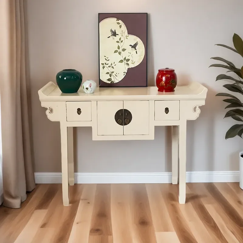 New Chinese Style Milk White Entrance Table Simple Solid Wood Strip Case Living Room Decorative Cabinet With Drawer And