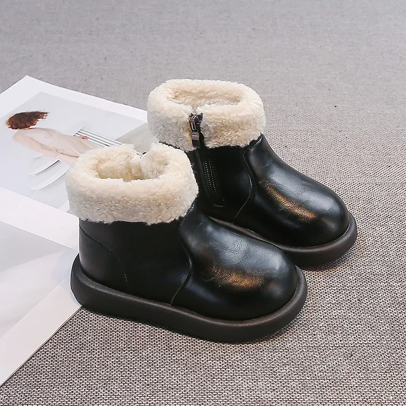 Girls' winter classic style snow boots, thick inner lining with side zippers for anti-slip function, outdoor ankle boots
