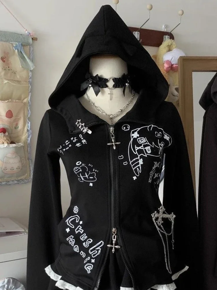 

Women's Cute Y2k Slim Long Sleeve Zipper Fashionable and Chic Arrival Hooded Jacket Women's Gothic Design Solid Color Bodysuit