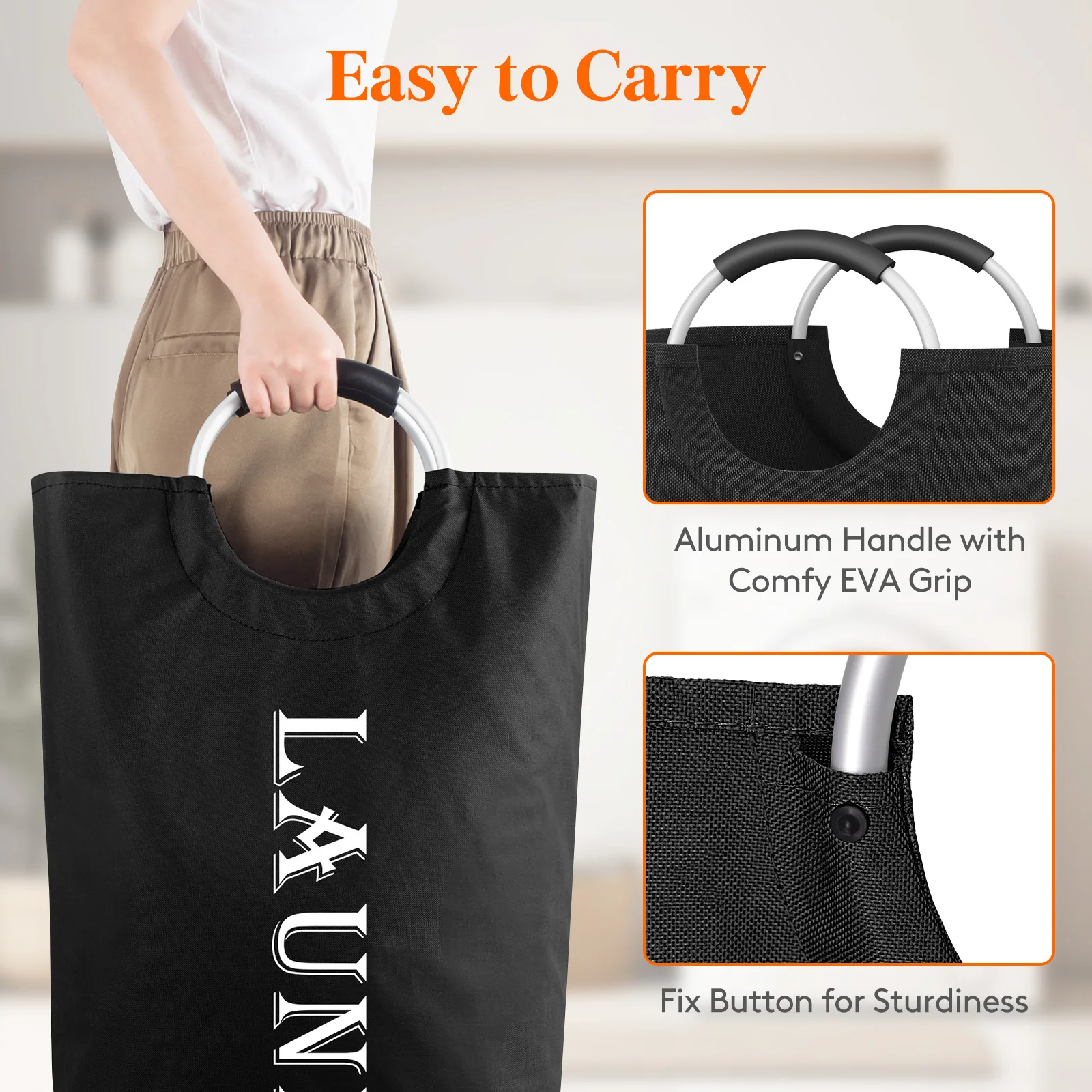 سلة غسيل، سلة غسيل قابلة للطي بمقابض من الألومنيوم، سلة ملابس قذرة مقاومة للماء قائمة بذاتها