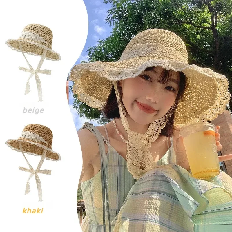 New Summer Sun Hat UV Visor Thin Lace Hollow Full Cover Straw Hat Outdoor Fisherman Hat Holiday Party Props Dating and Travel