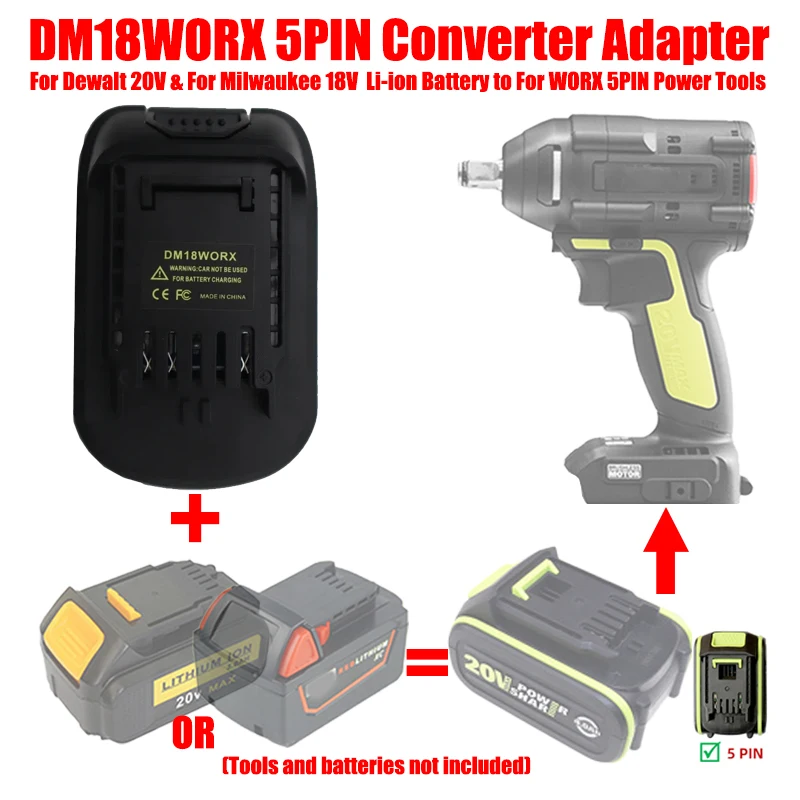 

ALASICKA DM18WORX 5PIN Battery Adapter for DeWalt for Milwaukee 18V 20V Li-ion Battery To for WROX 5PIN Large Foot Power Tools