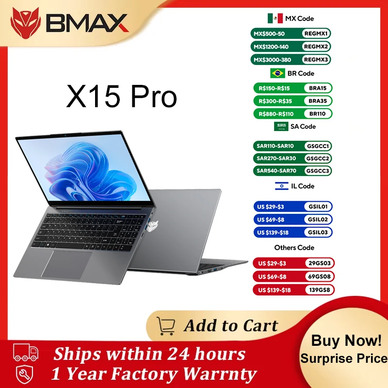 BMAX 15.6 "X15 ProNotebook 16 GB RAM 512 GB SSD Intel N95 CPU Windows 11 1920x1080 Dual Wifi USB PC laptop DDR4