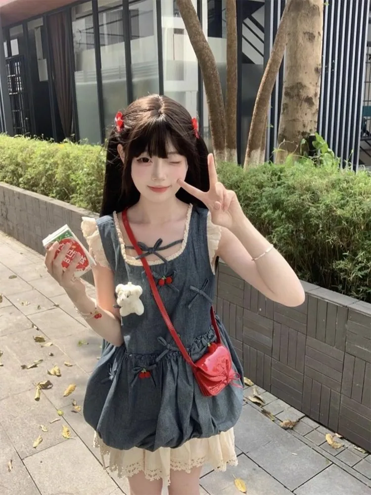 Red Cherry  Knot Denim Halter Vest Women Summer Bloom Lace Fluffy Skirt Two Piece Set Women's Fashion Summer Outfit view 5