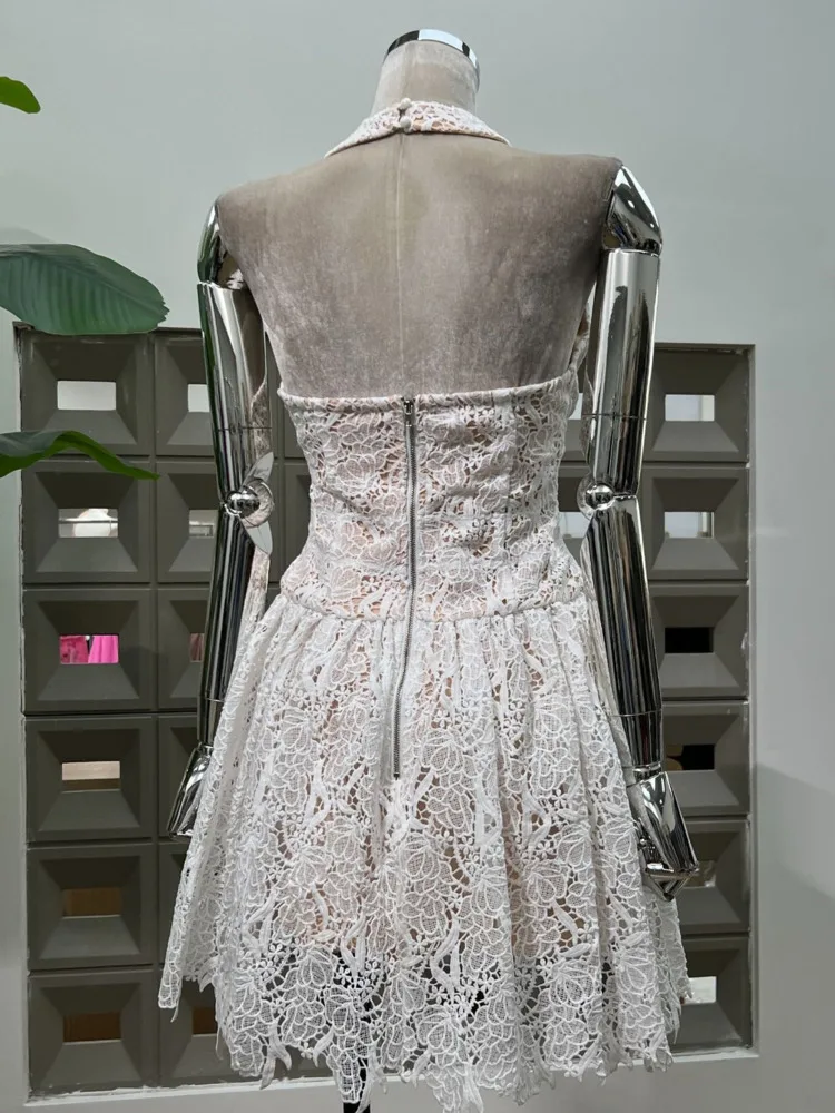 DFDG المرأة 2025 أنيقة القوس ثلاثية الأبعاد الدانتيل قطع الخامس الرقبة الرسن الرقبة فستان الحفلات المسائية لربيع وصيف مثير الجوف خارج تصميم #4