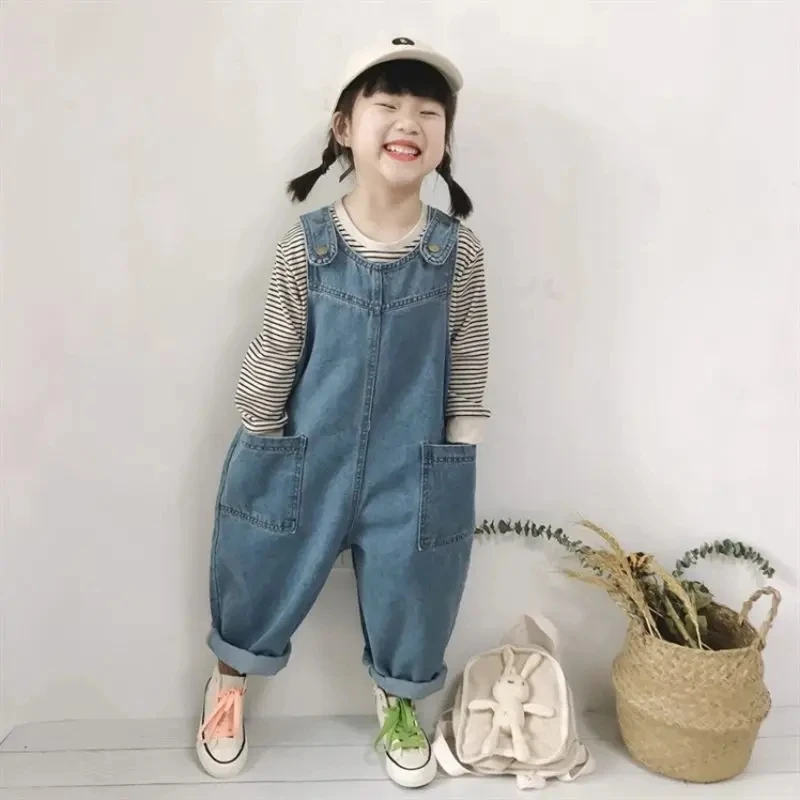 

Korean Version Children's Denim Overalls Spring and Autumn New Style Girls' Loose Trousers Baby Girl's Casual Denim Overalls