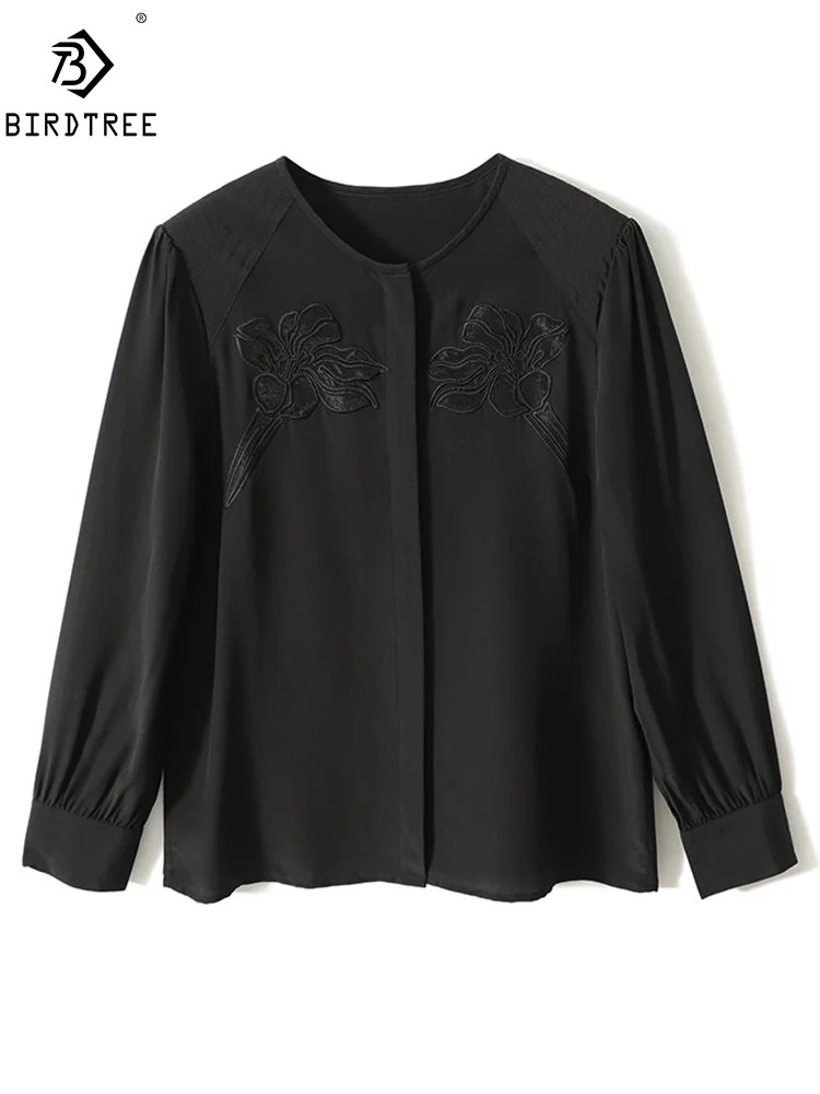 

Birdtree, 100%Mulberry Silk Elegant Shirt, Women O-Neck Long Sleeve Embroidery Mesh, Retro Commute OL Top, 2024 Summer T45327QM