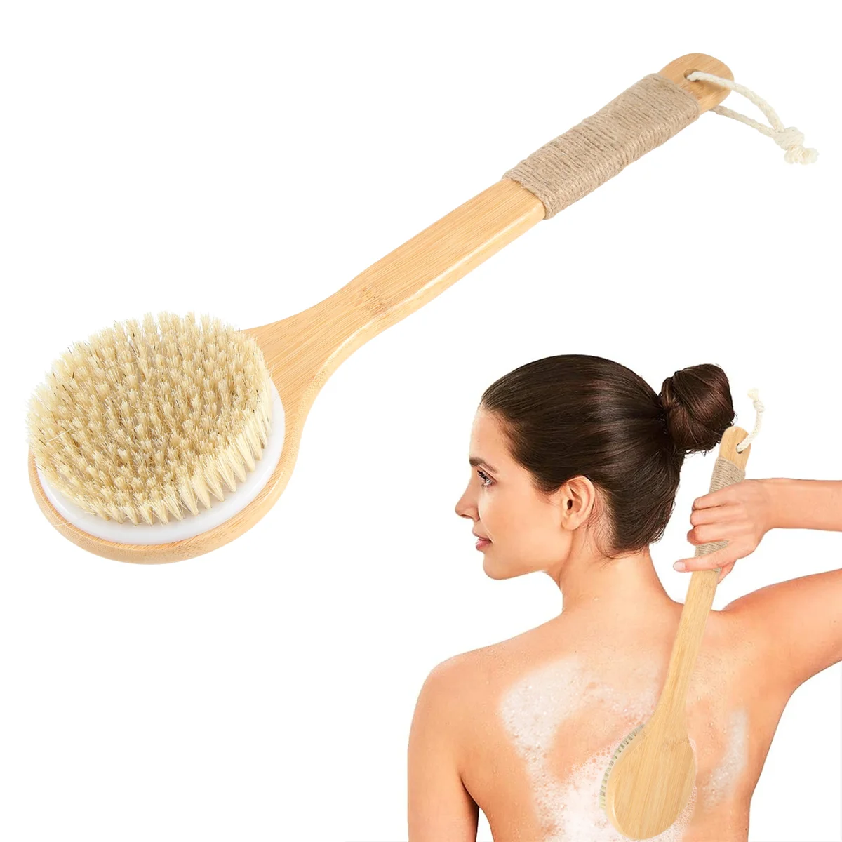 AB89-Dry Skin Body Brush Bath Exfoliating Brush Natural Bristles Back Scrubber with Long Wooden Handle for Shower, Remove , Redu