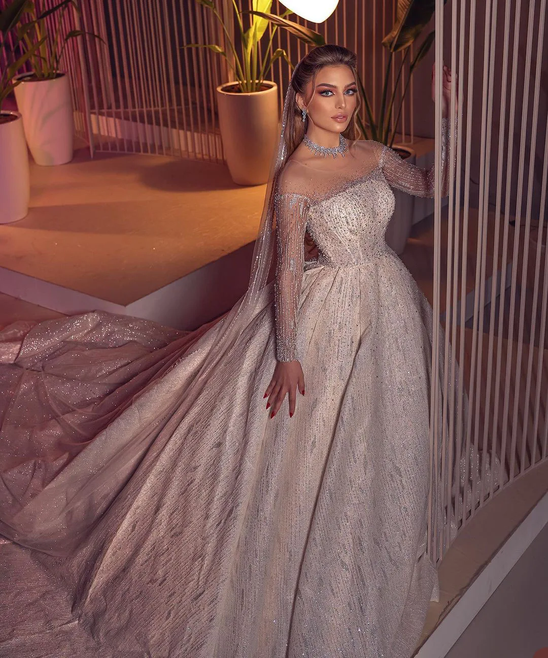 Luxurious Jewel Wedding Dresses Sheer Neck Beaded Bridal Gowns Long Sleeves Royal Train Crystals vestido de novia Customise