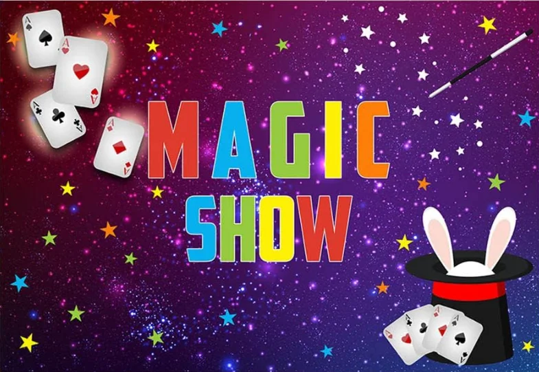 Magic Show Happy Birthday Backdrop for Boy Girl Porker Magician Red Curtains Baby Shower Party Background Black Hat Gold Stars