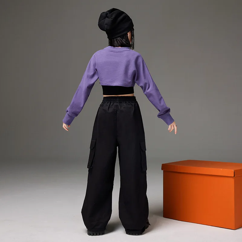 Ensemble de vêtements Hip Hop pour filles, t-shirt à manches longues violet, pantalon cargo noir en Y, olympiques de phtalus modernes pour enfants