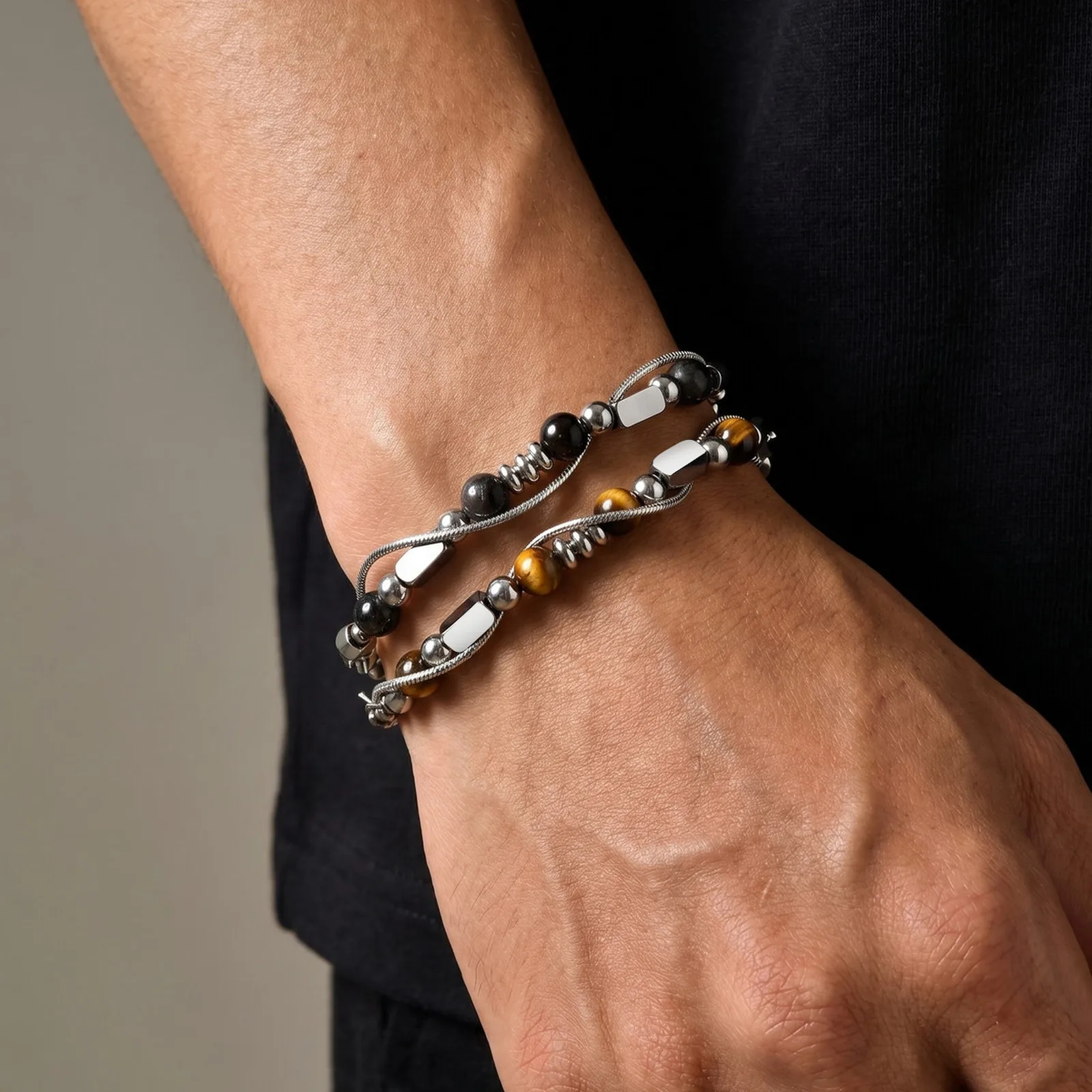 Vnox Double Chain Bracelet for Men, Natural Tiger Eye Obsidian Chrysocolla Beads Stainless Steel Adjustable Wrist Jewelry Gift
